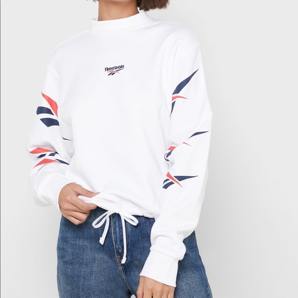 Reebok Cropped Logo Tie Front Sweater in White Multi - Picture 1 of 8